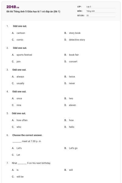Đề thi Tiếng Anh 5 Giữa học kì 1 có đáp án (Đề 1)