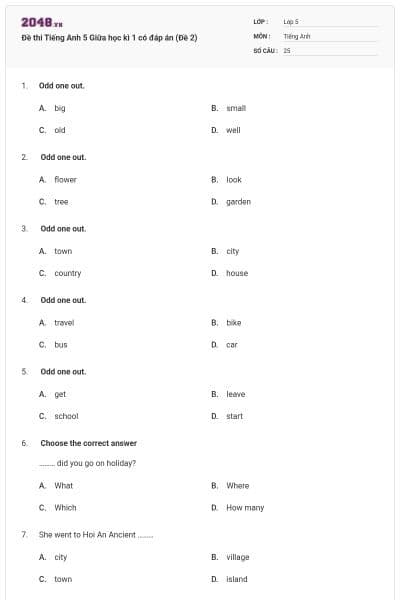 Đề thi Tiếng Anh 5 Giữa học kì 1 có đáp án (Đề 2)