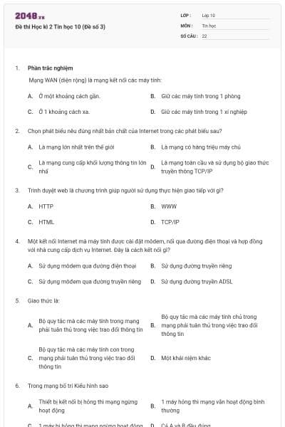 Đề thi Học kì 2 Tin học 10 (Đề số 3)