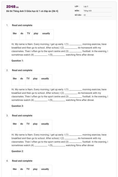 Đề thi Tiếng Anh 5 Giữa học kì 1 có đáp án (Đề 4)