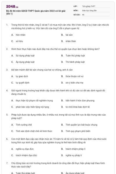 Bộ đề thi môn GDCD THPT Quốc gia năm 2022 có lời giải (Đề 1)