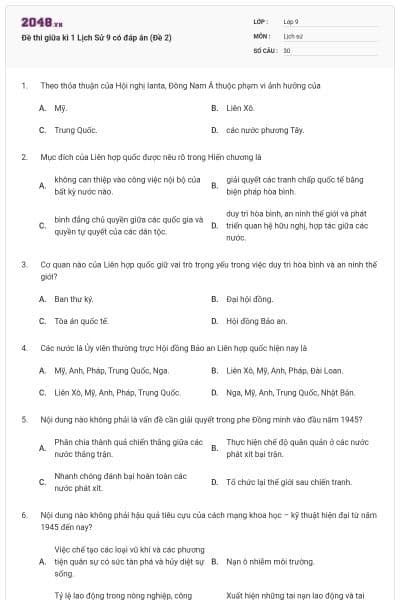 Đề thi giữa kì 1 Lịch Sử 9 có đáp án (Đề 2)