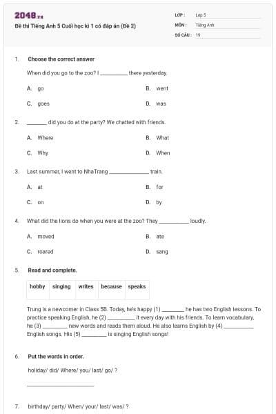 Đề thi Tiếng Anh 5 Cuối học kì 1 có đáp án (Đề 2)