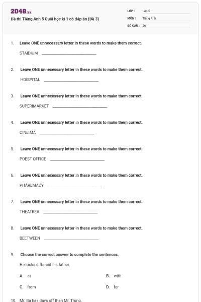 Đề thi Tiếng Anh 5 Cuối học kì 1 có đáp án (Đề 3)