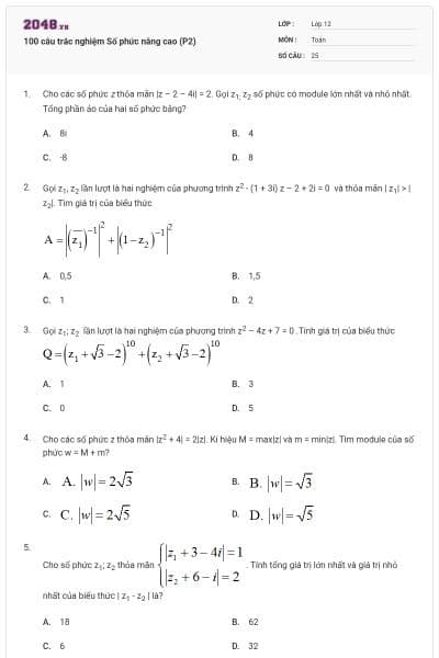 100 câu trắc nghiệm Số phức nâng cao (P2)
