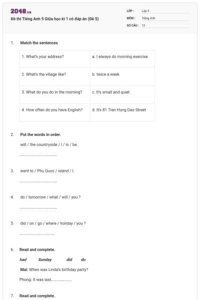 Đề thi Tiếng Anh 5 Giữa học kì 1 có đáp án (Đề 5)