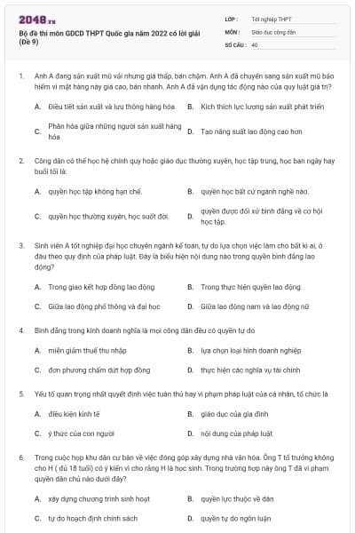 Bộ đề thi môn GDCD THPT Quốc gia năm 2022 có lời giải (Đề 9)