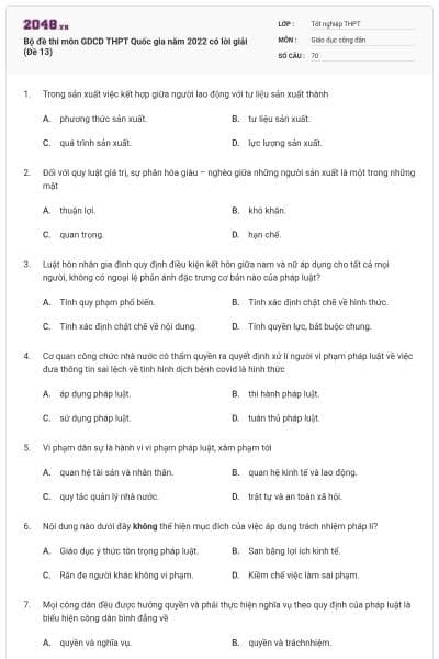 Bộ đề thi môn GDCD THPT Quốc gia năm 2022 có lời giải (Đề 13)