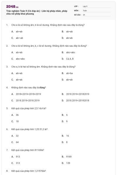 Trắc nghiệm Toán 9 (Có đáp án) : Liên hệ phép nhân, phép chia với phép khai phương