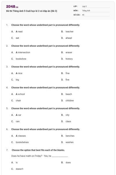 Đề thi Tiếng Anh 5 Cuối học kì 2 có đáp án (Đề 3)