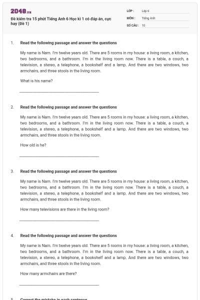 Đề kiểm tra 15 phút Tiếng Anh 6 Học kì 1 có đáp án, cực hay (Đề 1)