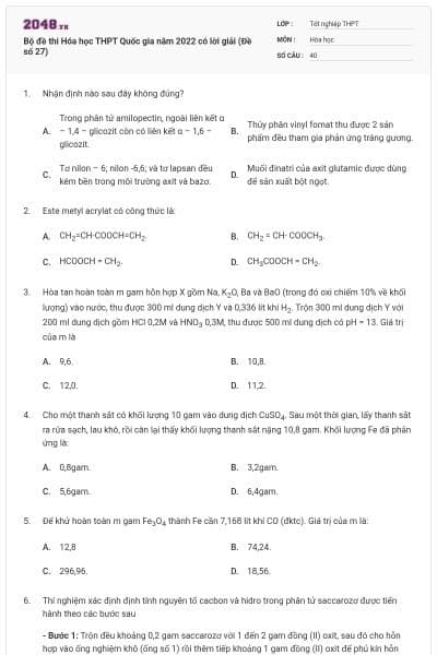 Bộ đề thi Hóa học THPT Quốc gia năm 2022 có lời giải (Đề số 27)