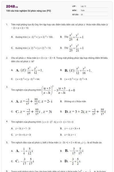 100 câu trắc nghiệm Số phức nâng cao (P3)
