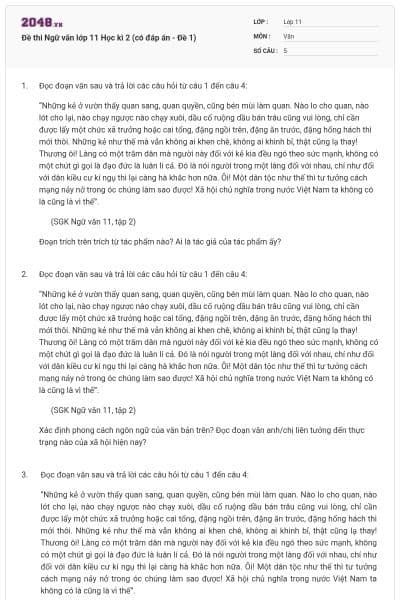 Đề thi Ngữ văn lớp 11 Học kì 2 (có đáp án - Đề 1)