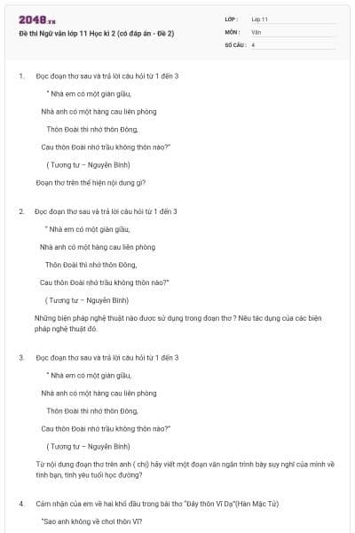 Đề thi Ngữ văn lớp 11 Học kì 2 (có đáp án - Đề 2)
