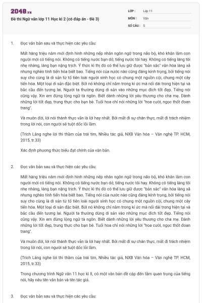 Đề thi Ngữ văn lớp 11 Học kì 2 (có đáp án - Đề 3)
