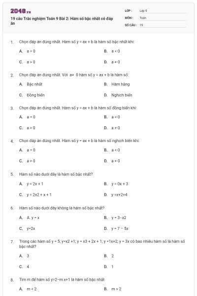 19 câu Trắc nghiệm Toán 9 Bài 2: Hàm số bậc nhất có đáp án