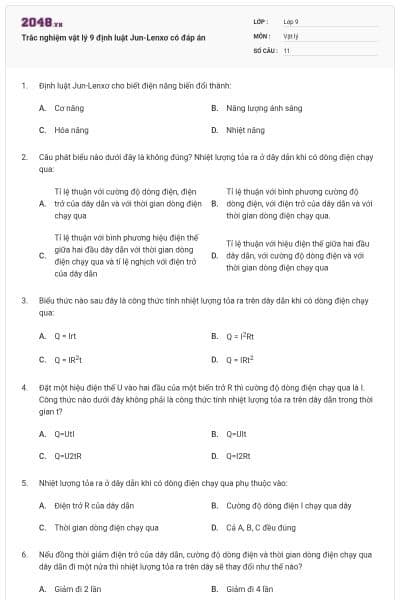 Trắc nghiệm vật lý 9 định luật Jun-Lenxơ có đáp án