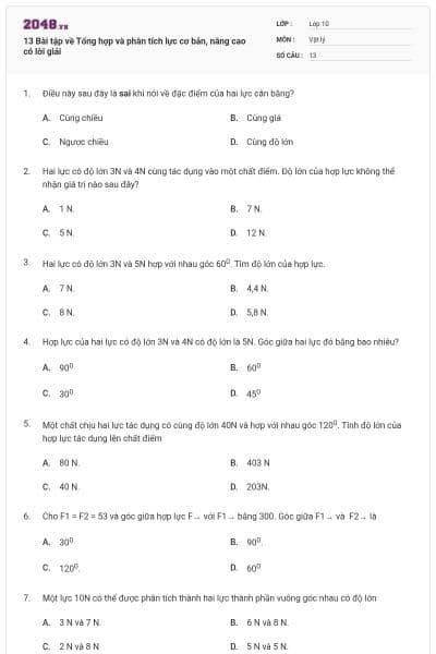 13 Bài tập về Tổng hợp và phân tích lực cơ bản, nâng cao có lời giải