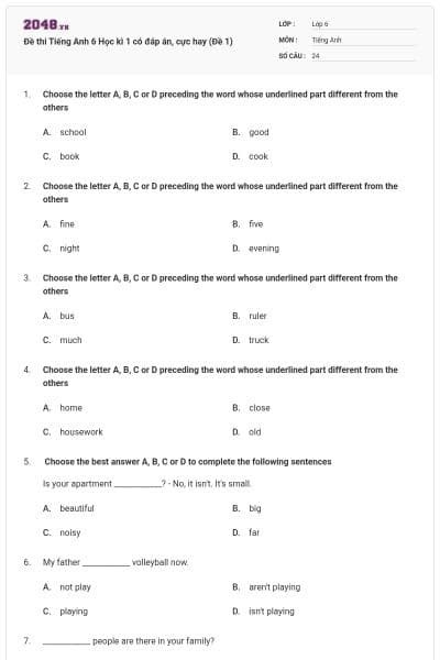 Đề thi Tiếng Anh 6 Học kì 1 có đáp án, cực hay (Đề 1)