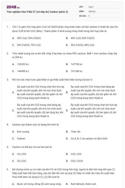 Trắc nghiệm Hóa 9 Bài 27 (có đáp án) Cacbon (phần 2)