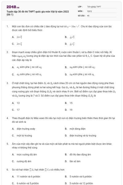 Tuyển tập 30 đề thi THPT quốc gia môn Vật lý năm 2022 (Đề 1)
