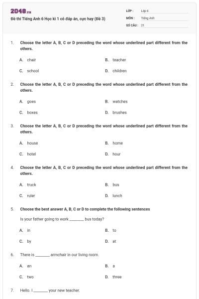 Đề thi Tiếng Anh 6 Học kì 1 có đáp án, cực hay (Đề 3)