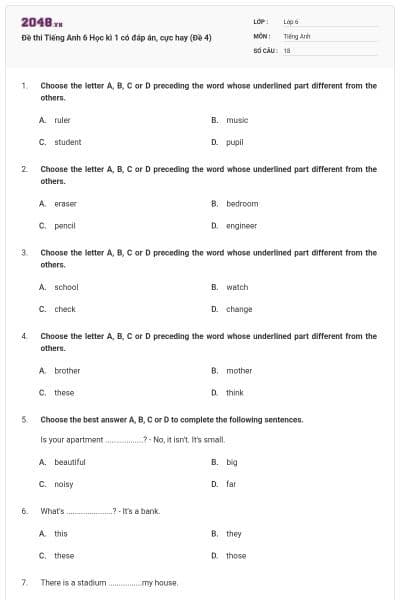 Đề thi Tiếng Anh 6 Học kì 1 có đáp án, cực hay (Đề 4)
