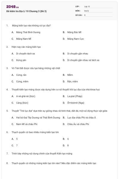 Đề kiểm tra Địa Lí 10 Chương 3 (Đề 3)