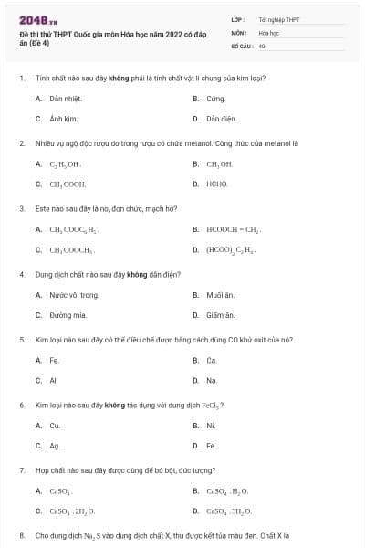 Đề thi thử THPT Quốc gia môn Hóa học năm 2022 có đáp án (Đề 4)