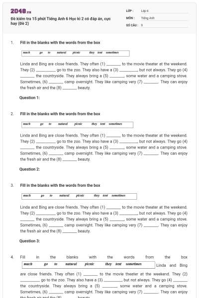 Đề kiểm tra 15 phút Tiếng Anh 6 Học kì 2 có đáp án, cực hay (Đề 2)