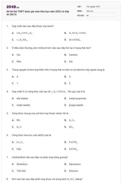 Đề thi thử THPT Quốc gia môn Hóa học năm 2022 có đáp án (Đề 5)