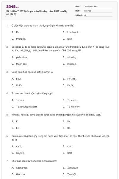 Đề thi thử THPT Quốc gia môn Hóa học năm 2022 có đáp án (Đề 6)