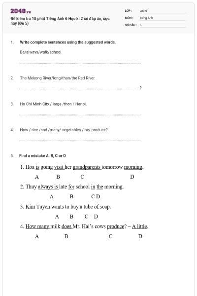 Đề kiểm tra 15 phút Tiếng Anh 6 Học kì 2 có đáp án, cực hay (Đề 5)