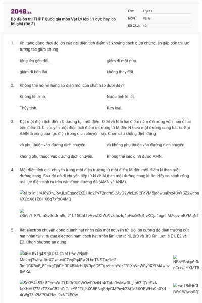 Bộ đề ôn thi THPT Quốc gia môn Vật Lý lớp 11 cực hay, có lời giải (Đề 3)