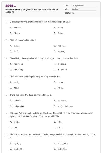 Đề thi thử THPT Quốc gia môn Hóa học năm 2022 có đáp án (Đề 7)
