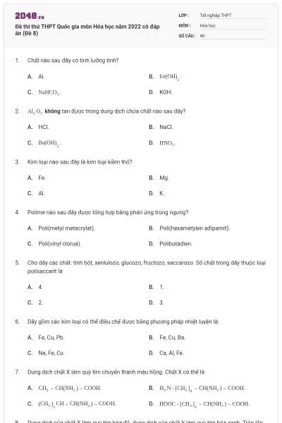 Đề thi thử THPT Quốc gia môn Hóa học năm 2022 có đáp án (Đề 8)