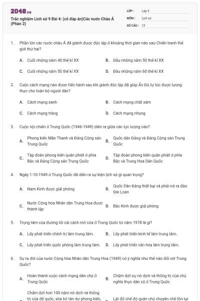 Trăc nghiệm Lich sử 9 Bài 4: (có đáp án)Các nước Châu Á (Phần 2)