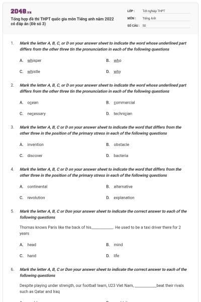 Tổng hợp đề thi THPT quốc gia môn Tiếng anh năm 2022 có đáp án (Đề số 3)