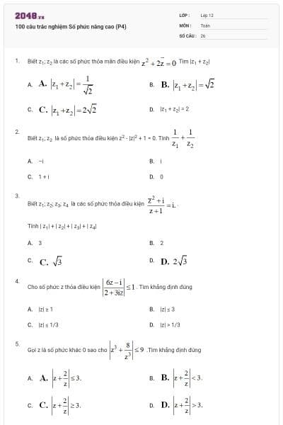 100 câu trắc nghiệm Số phức nâng cao (P4)