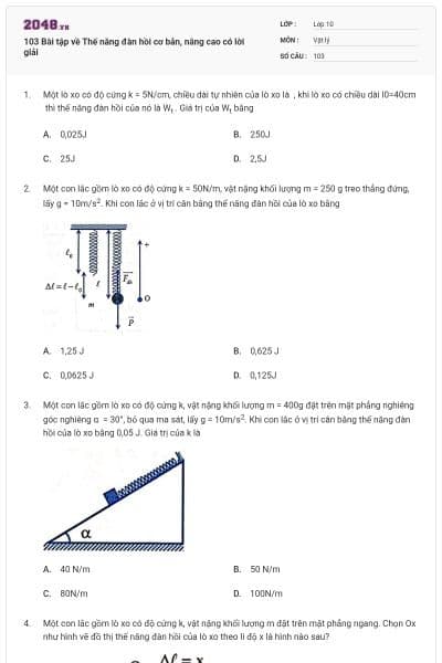 103 Bài tập về Thế năng đàn hồi cơ bản, nâng cao có lời giải