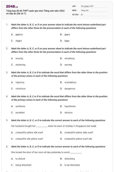 Tổng hợp đề thi THPT quốc gia môn Tiếng anh năm 2022 có đáp án (Đề số 7)
