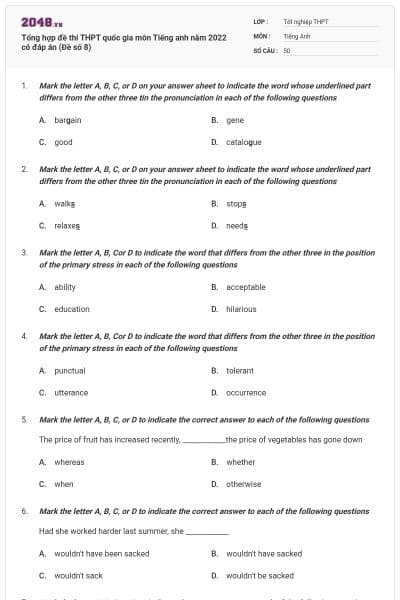 Tổng hợp đề thi THPT quốc gia môn Tiếng anh năm 2022 có đáp án (Đề số 8)