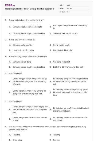 Trắc nghiệm Sinh học 8 bài 6 (có đáp án) Phản xạ (phần 2)