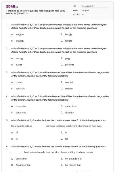 Tổng hợp đề thi THPT quốc gia môn Tiếng anh năm 2022 có đáp án (Đề số 11)
