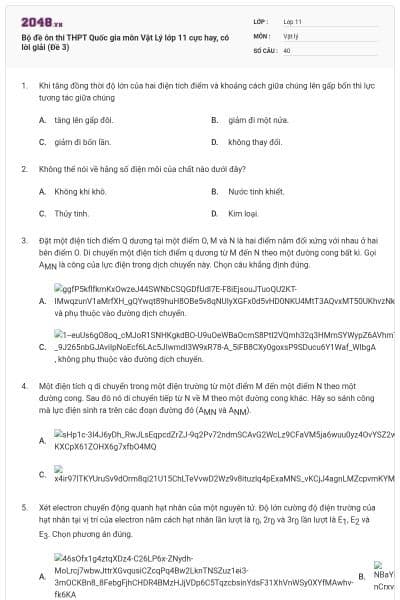 Bộ đề ôn thi THPT Quốc gia môn Vật Lý lớp 11 cực hay, có lời giải (Đề 3)