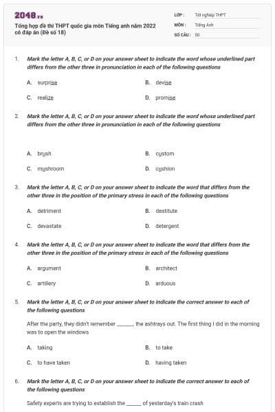 Tổng hợp đề thi THPT quốc gia môn Tiếng anh năm 2022 có đáp án (Đề số 18)