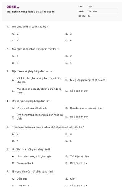 Trắc nghiệm Công nghệ 8 Bài 25 có đáp án