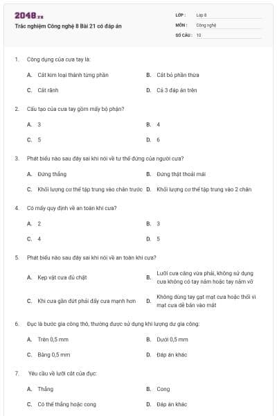 Trắc nghiệm Công nghệ 8 Bài 21 có đáp án