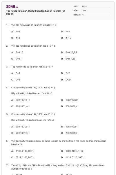 Tập hợp N và tập N*, thứ tự trong tập hợp số tự nhiên (có đáp án)